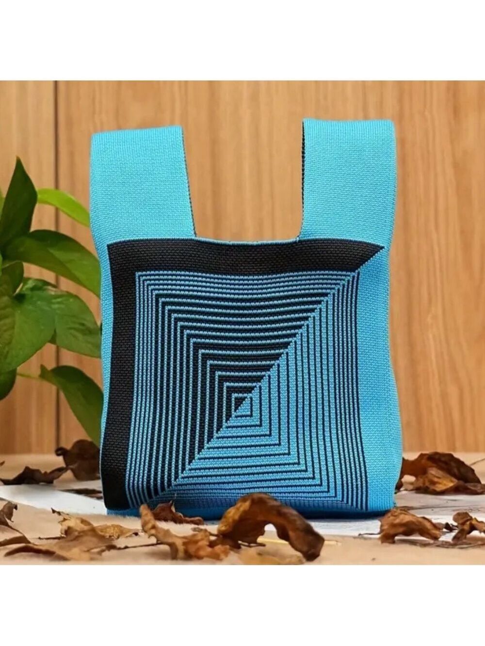 Heavy Woven Knit Teal Lines Pattern Tote Purse Bag Japanese Knot  Closure St…